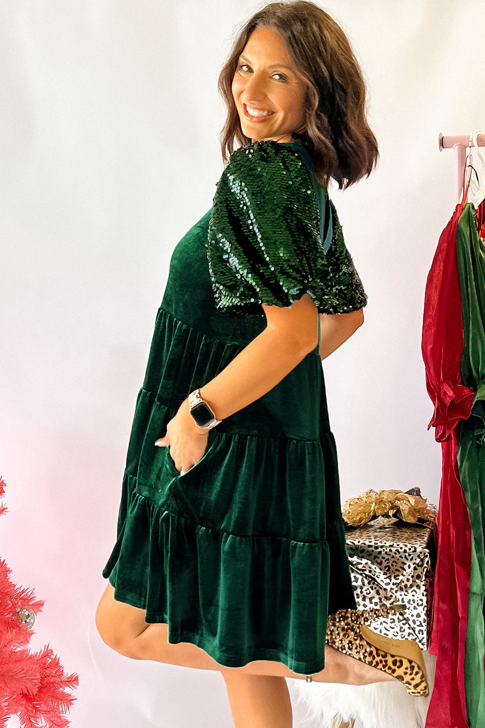 Evergreen Sequin Puff Sleeve High Waist Velvet Mini Dress
