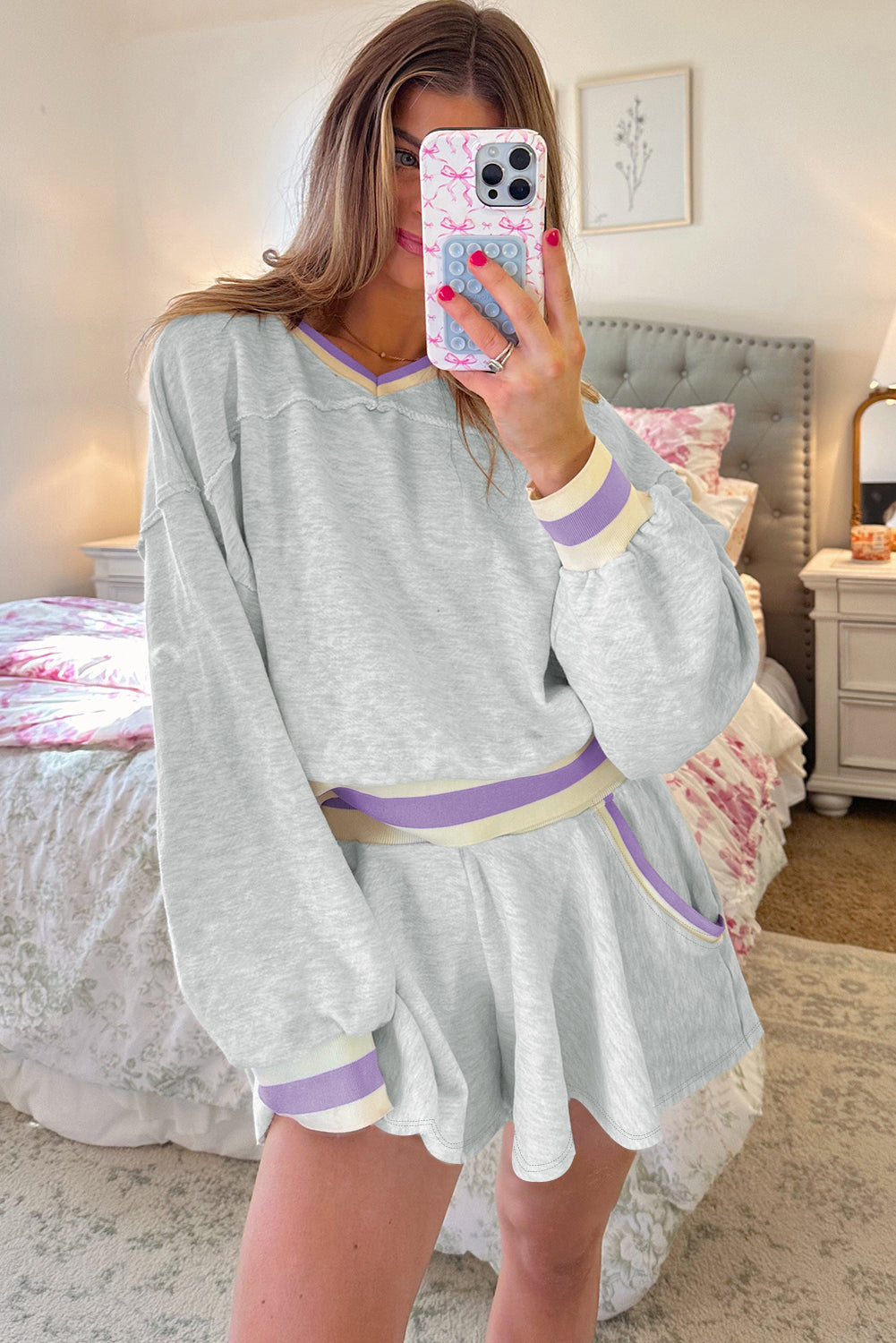 Premium Light Grey Contrast Striped Cropped Pullover And Short Set