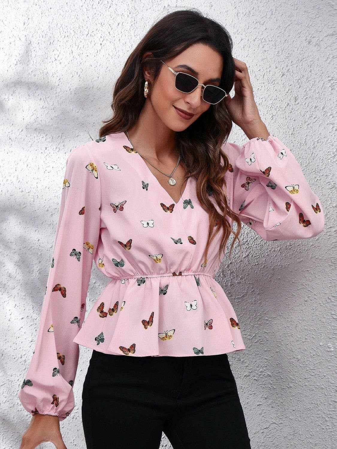 Butterfly V-Neck Balloon Sleeve Peplum BlouseElevate Your Style with our Butterfly V-Neck Blouse
Chic and Feminine: Embrace your elegance with the butterfly design and V-neckline.
Statement Balloon SleeveLove Salve -Neck Balloon Sleeve Peplum BlouseBlouses