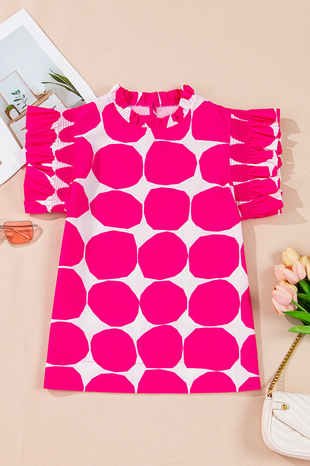 Loretta Bubblegum Pattern Frilled Top with Flutter Sleeves - Love Salve