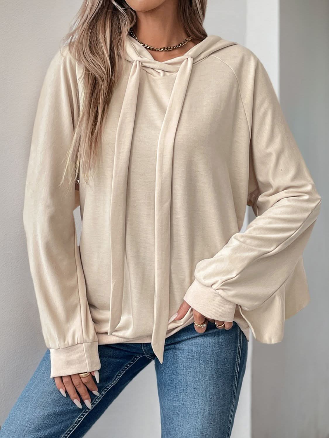 Perfee Drawstring Ruffled Long Sleeve Hoodie - Love Salve