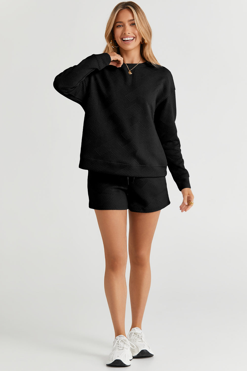 Adalyn Textured Long Sleeve Top and Drawstring Shorts Set - Love Salve