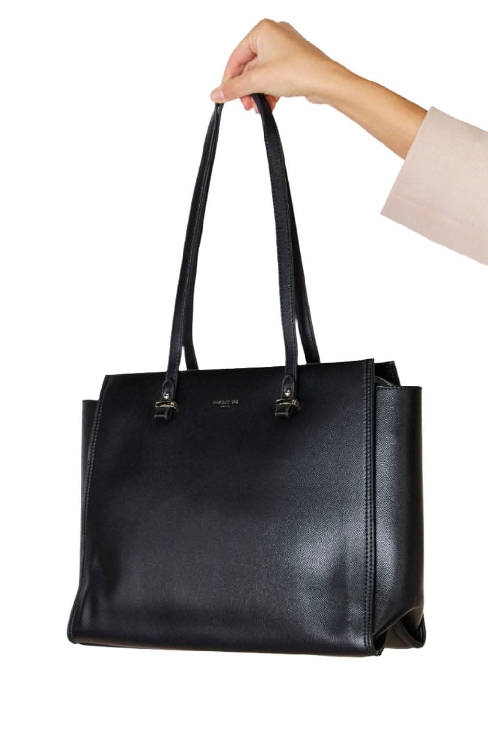 David Jones medium work tote bag in black, elegant design, cruelty-free PU material, spacious interior for laptop and essentials.