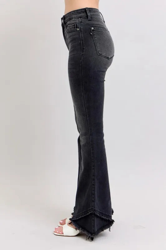 Judy Blue Full Size High Waist Flare Jeans With Mock Fray Tulip Hem Plus Size - Love Salve