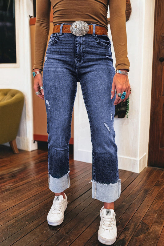 Real Teal Folded Cuffs Distressed Straight High Waist Jeans Love Salve