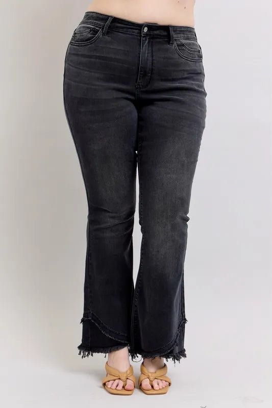 Judy Blue Full Size High Waist Flare Jeans With Mock Fray Tulip Hem Plus Size - Love Salve