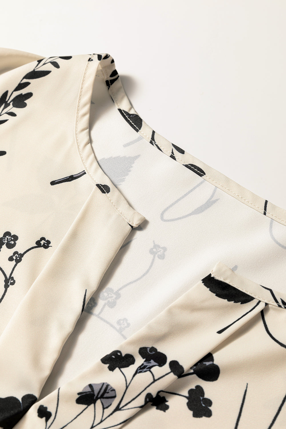 Premium Khaki Botanical Floral Print Split Neck Long Sleeve Blouse