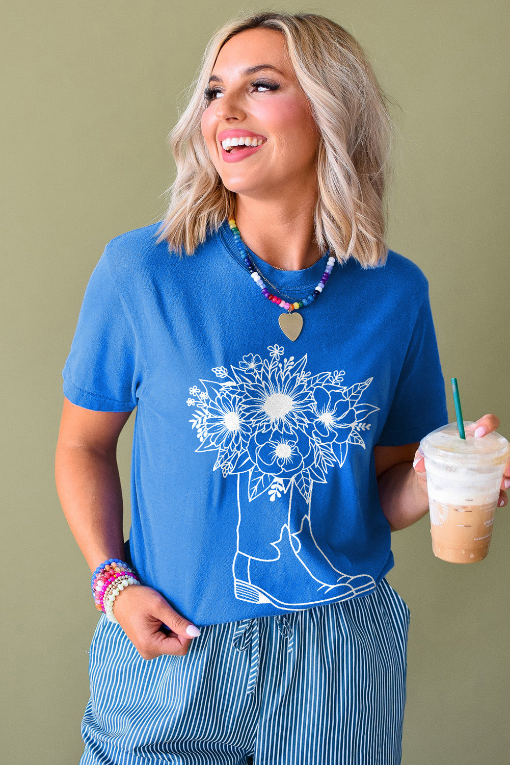 Blue Sunflower Boots Graphic Western Fashion T Shirt for Women
