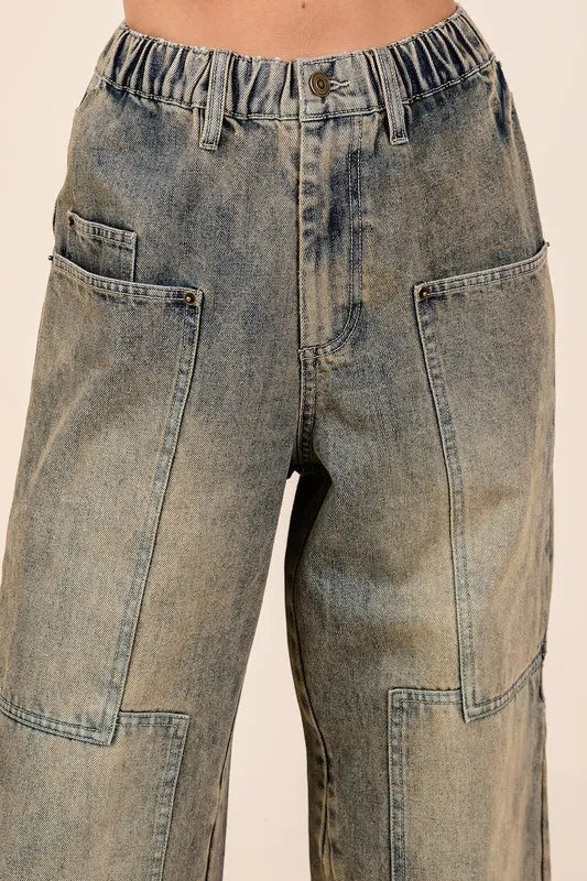 Mittoshop Washed Wide Leg Jeans With Pockets - Love Salve