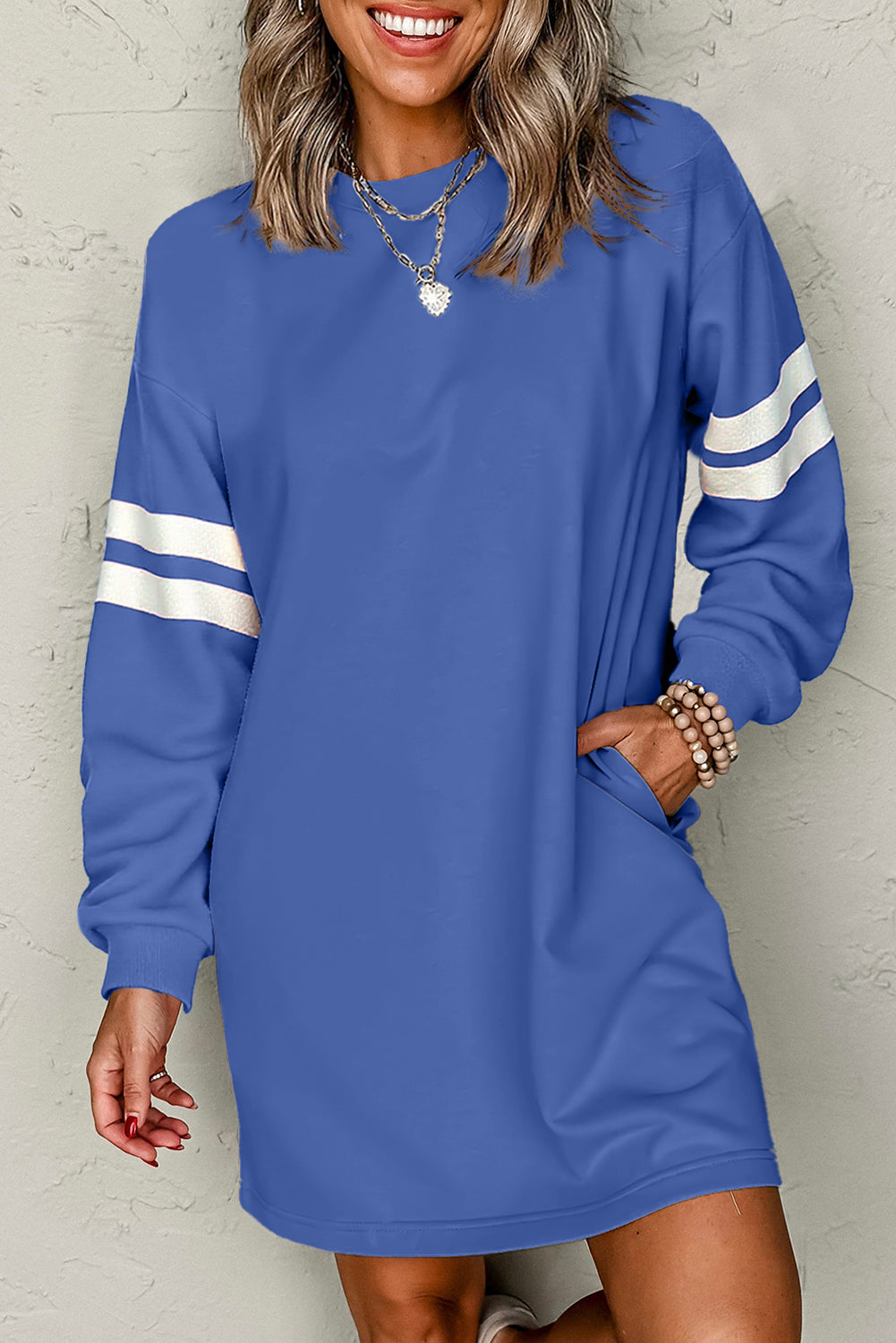 Sky Blue Varsity Sleeve Contrast Shift Sweatshirt Dress