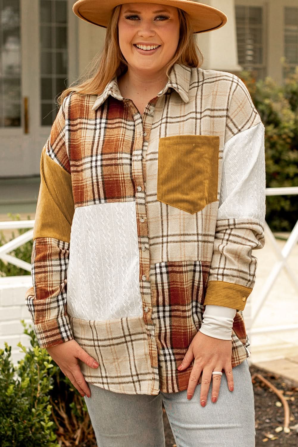 Golden apricot plaid shacket plus size - Love Salve