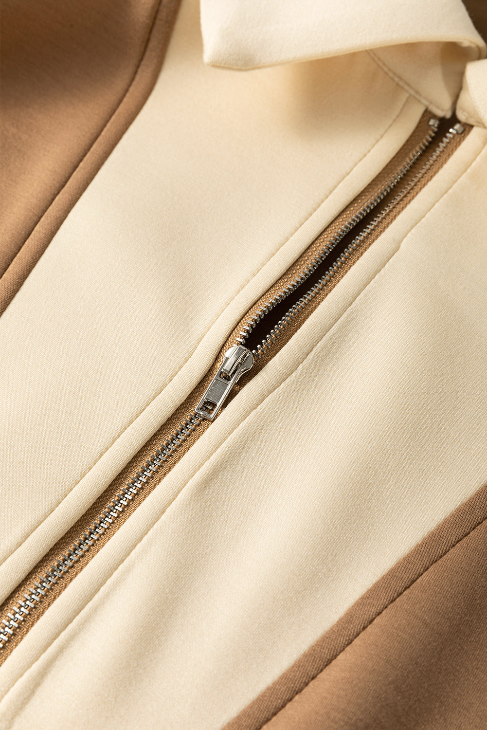 Simply Taupe Half Zipper Collared Colorblock Top