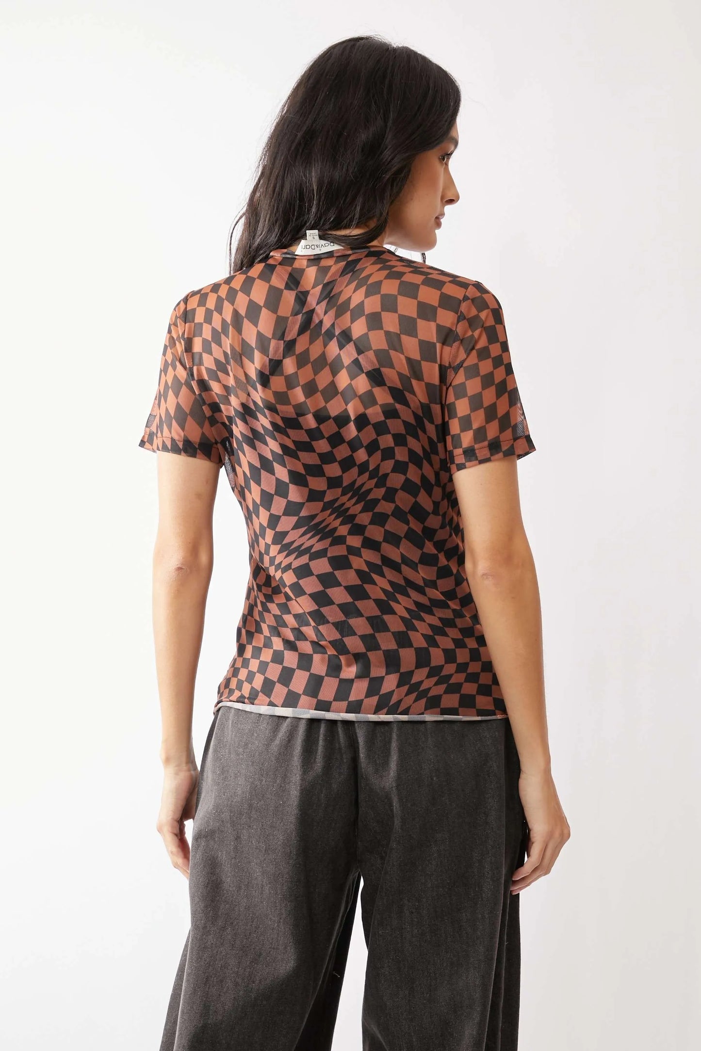 Davi & Dani Checker Board Printed Mesh Short Sleeve Top - Love Salve
