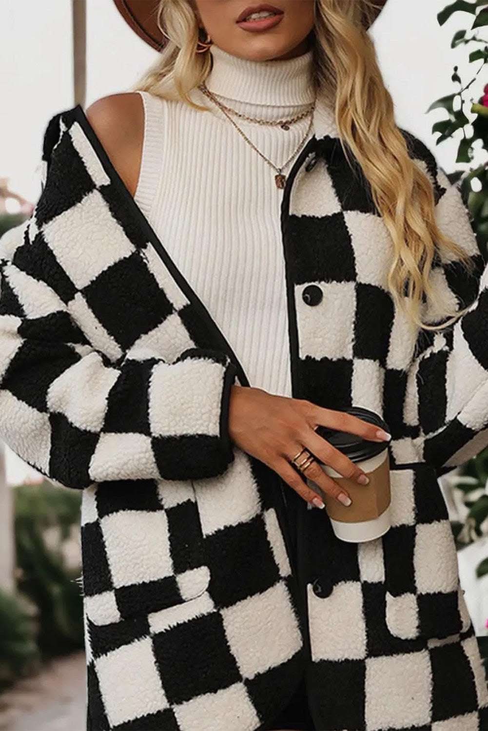 Black Checkered Side Pockets Collared Buttoned Fleece Jacket - Love Salve