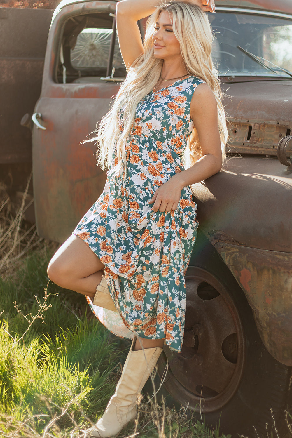 Green Floral Print Trimmed V Neck Tie Waist Sleeveless Dress