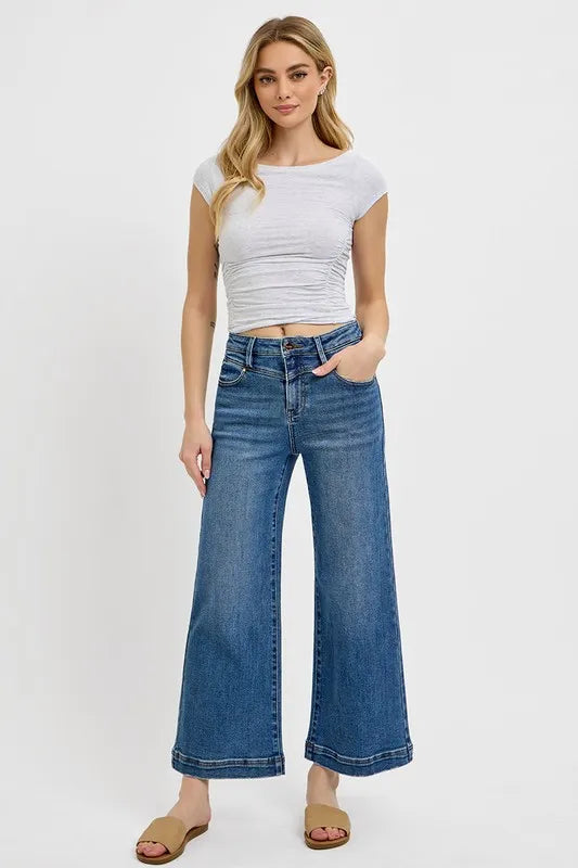 Risen Full Size High Rise Crop Wide Leg Front Yoke Detail Jeans Plus Size - Love Salve