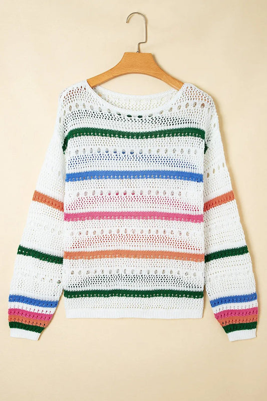 Premium White Color Block Striped Pointelle Knit Sweater Dear-Lover Dropshipping