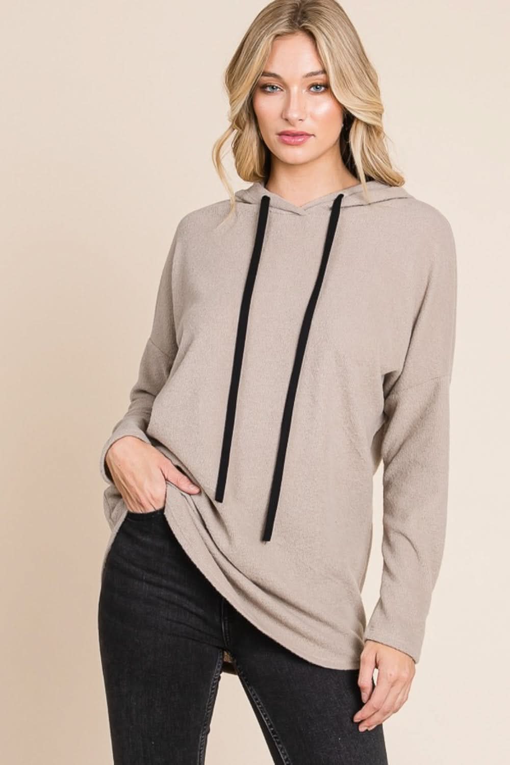 BOMBOM Contrast Drawstring Drop Shoulder Knit Hoodie - Love Salve