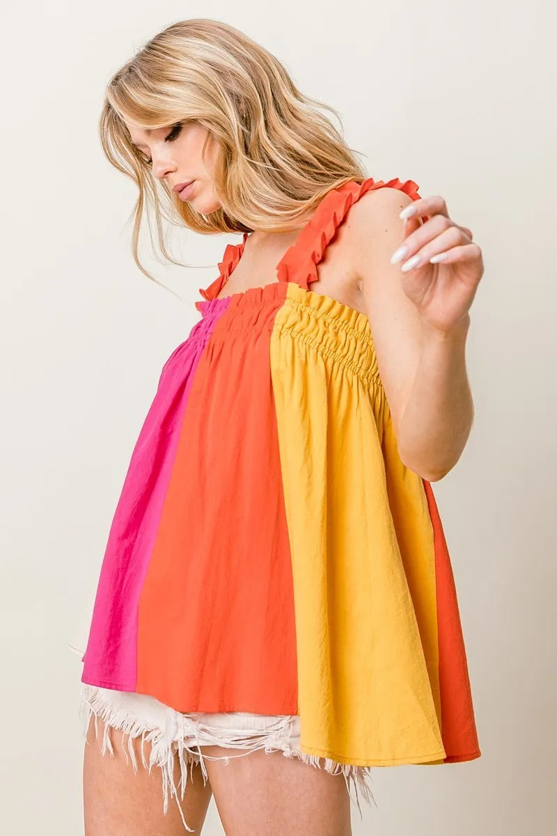 BiBi Frill Shoulder Strap Color Block Bodice Top - Love Salve