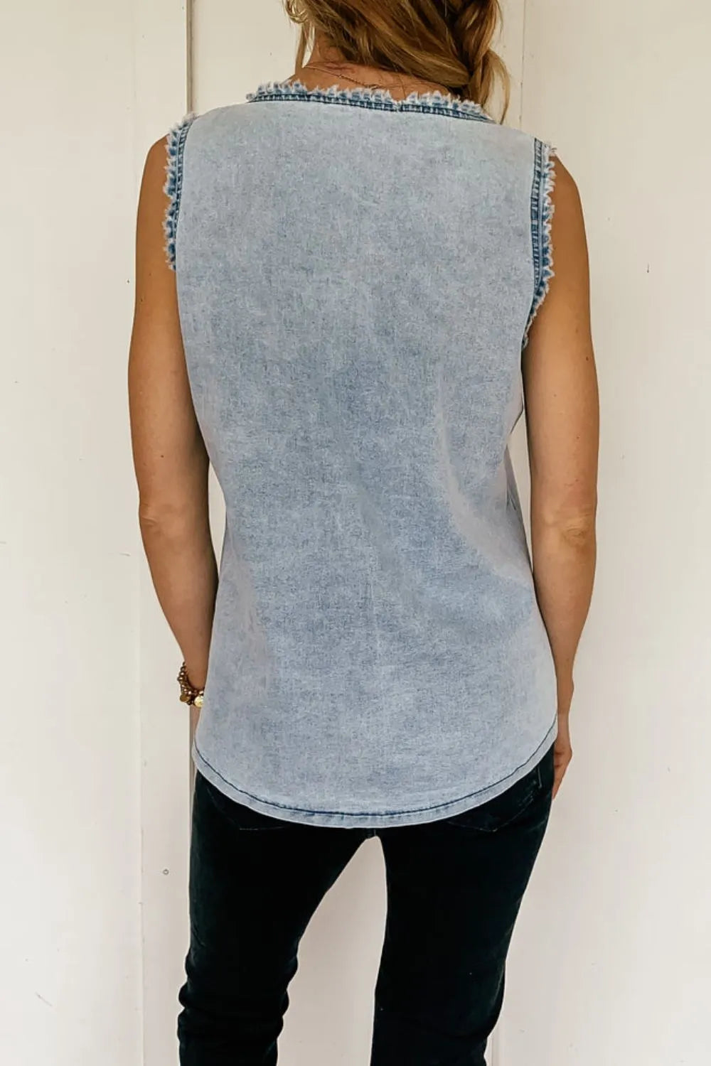 Mineral Wash Denim Frayed U Neck Sleeveless Top