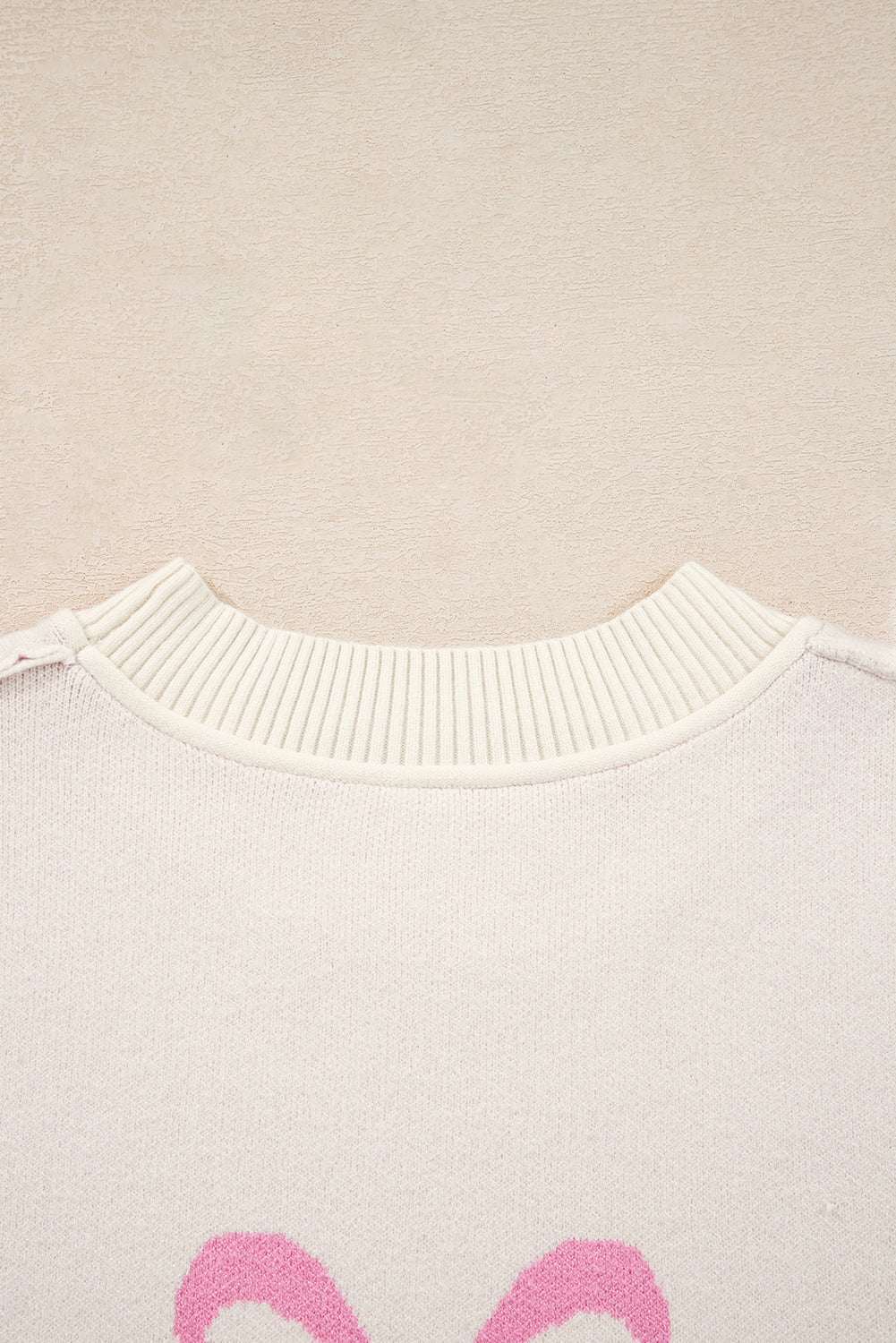 Pink Bow Print Ribbed Trim Drop Shoulder Loose Sweater
