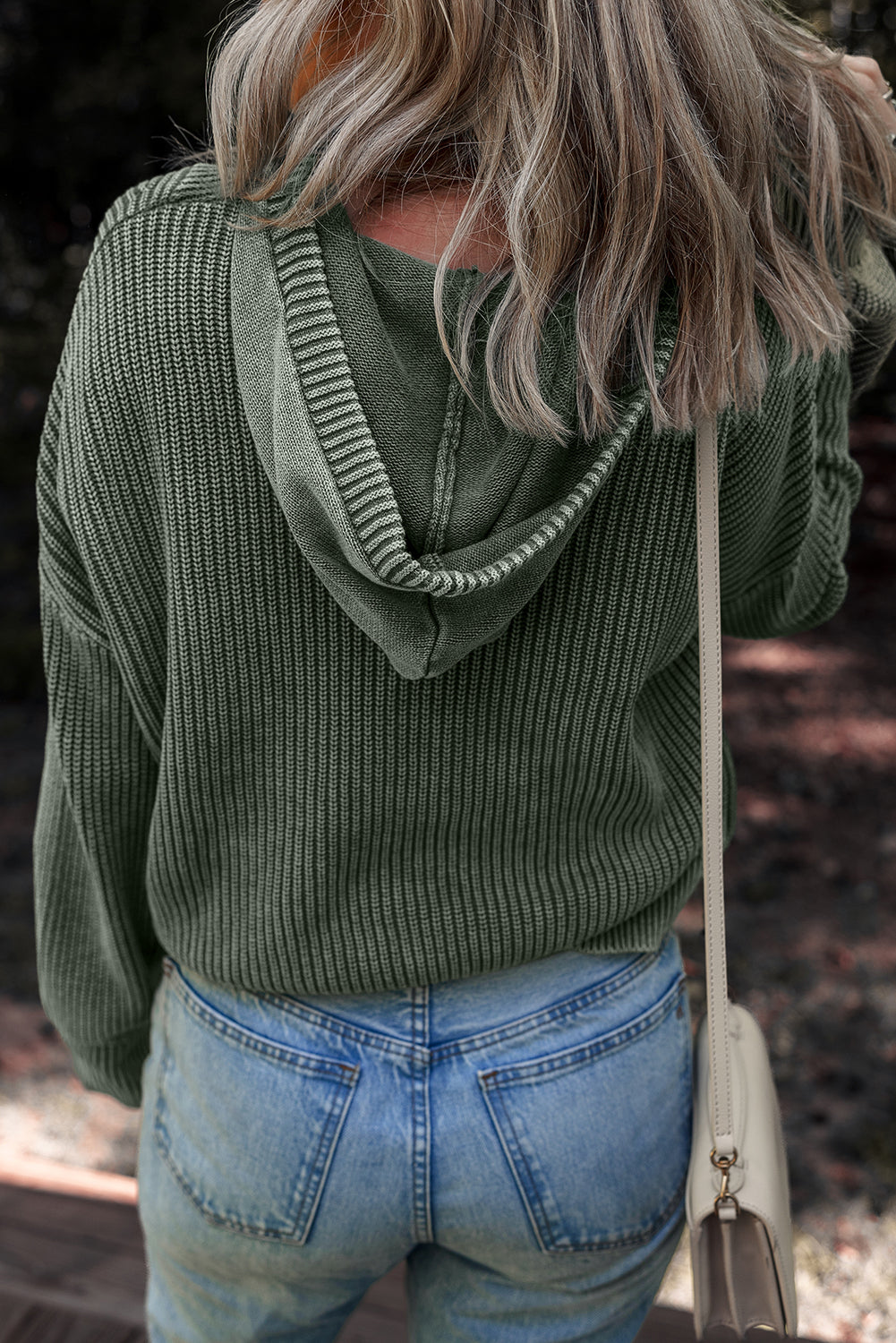 Mist Green Mineral Wash Ribbed Knit Hooded Sweater