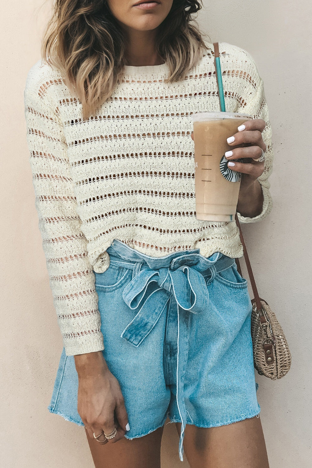 White Hollow Out Knit Round Neck Sweater For Women Chic