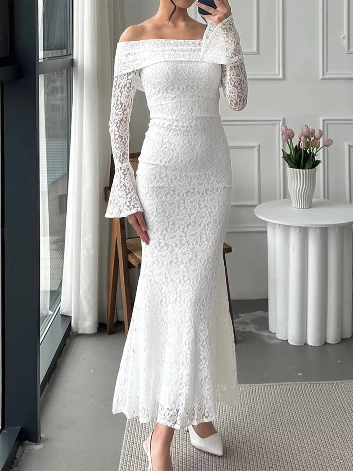Off-Shoulder Lace Bodycon Maxi Dress