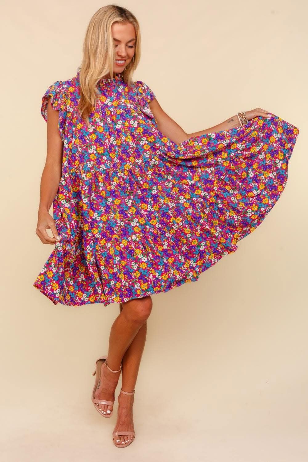 Haptics Frilled Mock Neck Ditsy Floral Dress.