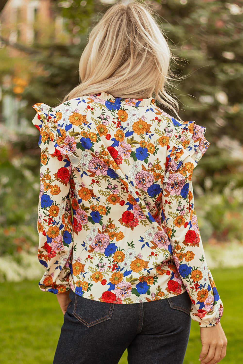 Premium Apricot Ruffled Shoulder Floral Long Sleeve Blouse
