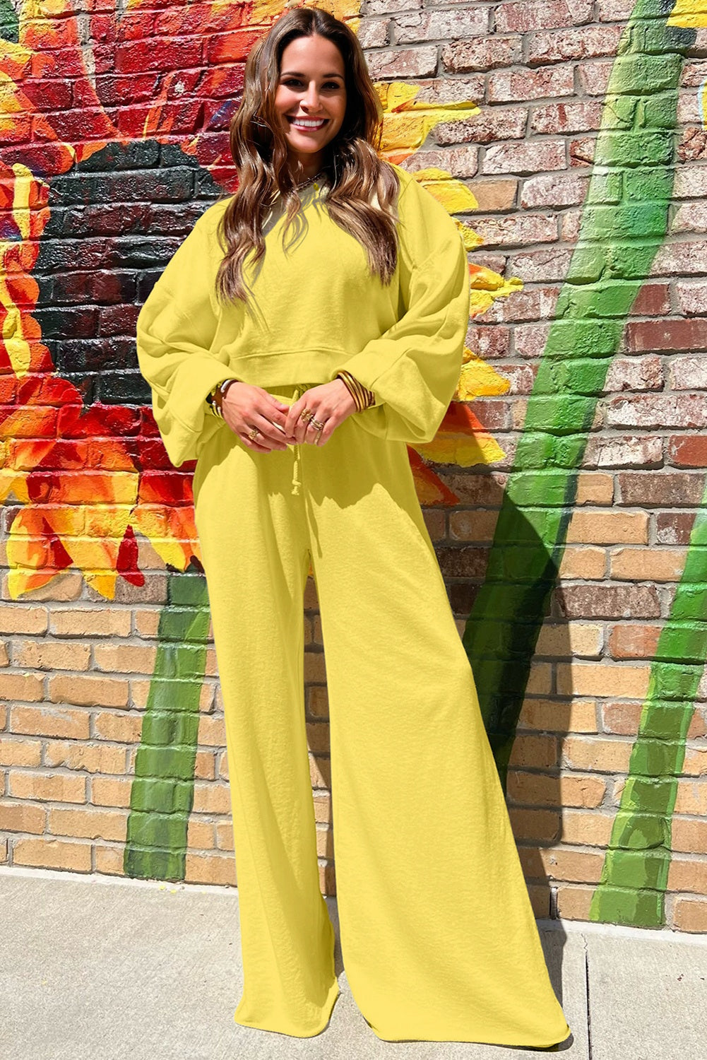 Yellow Cream Puff Sleeve Crop Top and Wide Leg Pants