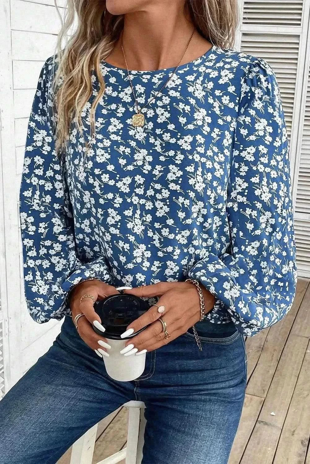 Printed Round Neck Balloon Sleeve Blouse - Love Salve