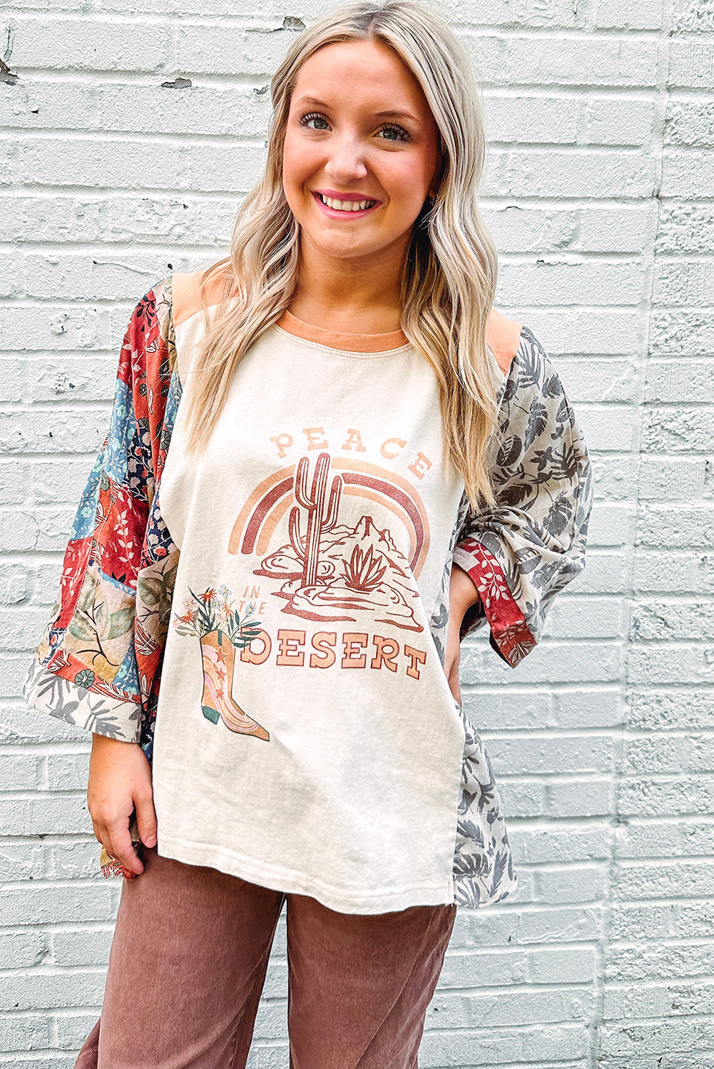 Multicolour Asymmetric Printed Patchwork Sleeve Top for Women