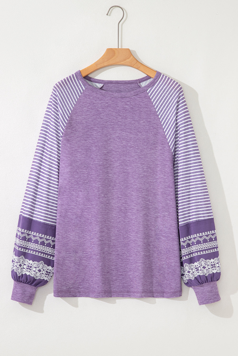 Tillandsia Purple Contrast Print Striped Raglan Long Sleeve