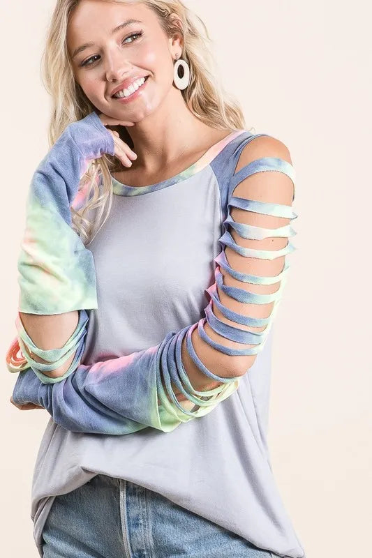 BiBi Jersey Knit Top with Tie Dye Laser Cut Sleeves - Love Salve