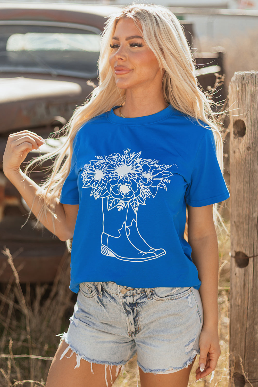 Blue Sunflower Boots Graphic Western Fashion T Shirt for Women