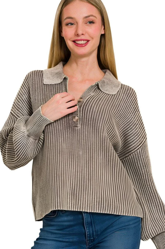 Zenana half button long sleeve top - Love Salve