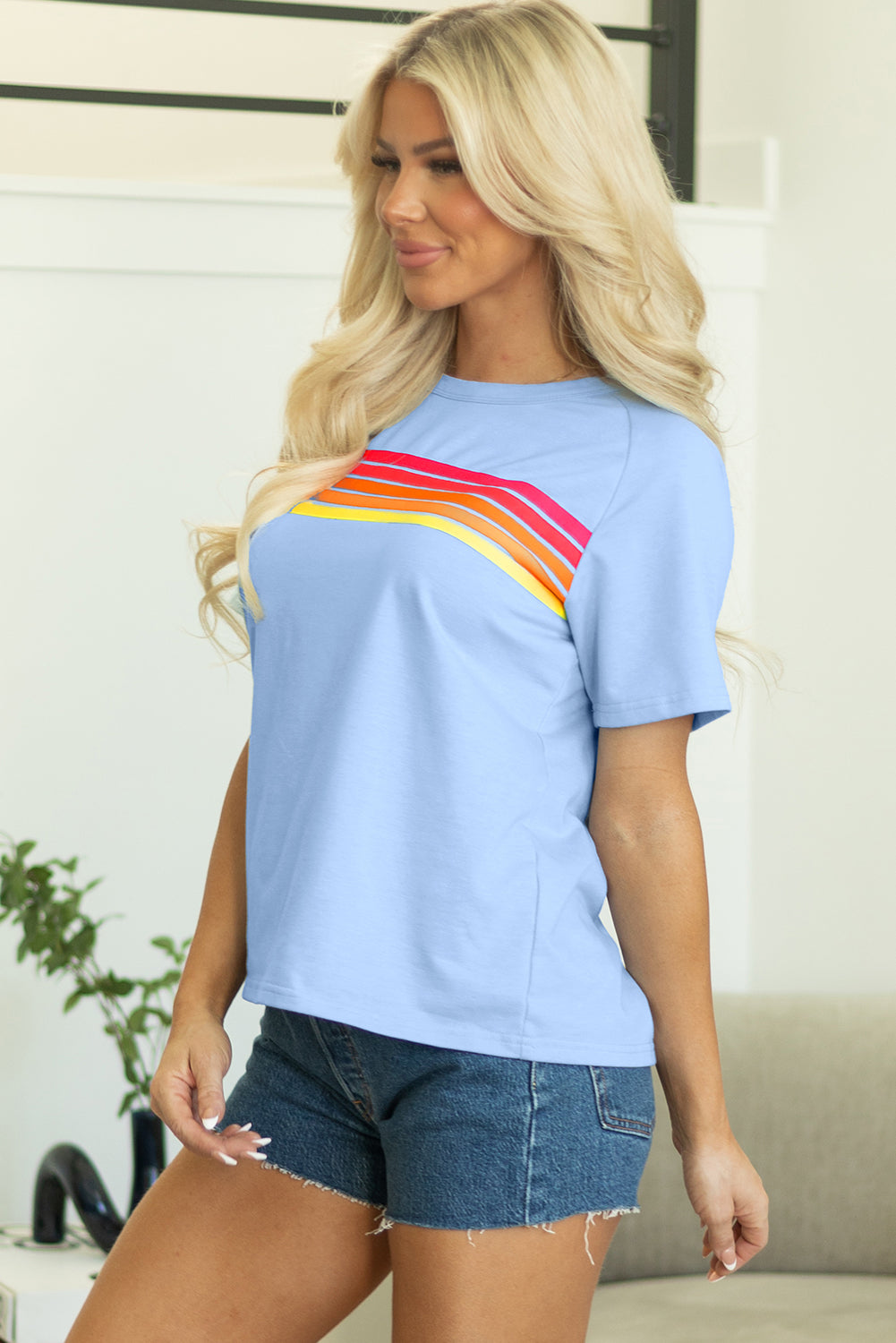 Beau Blue Striped Patch Front Casual Tee for Women