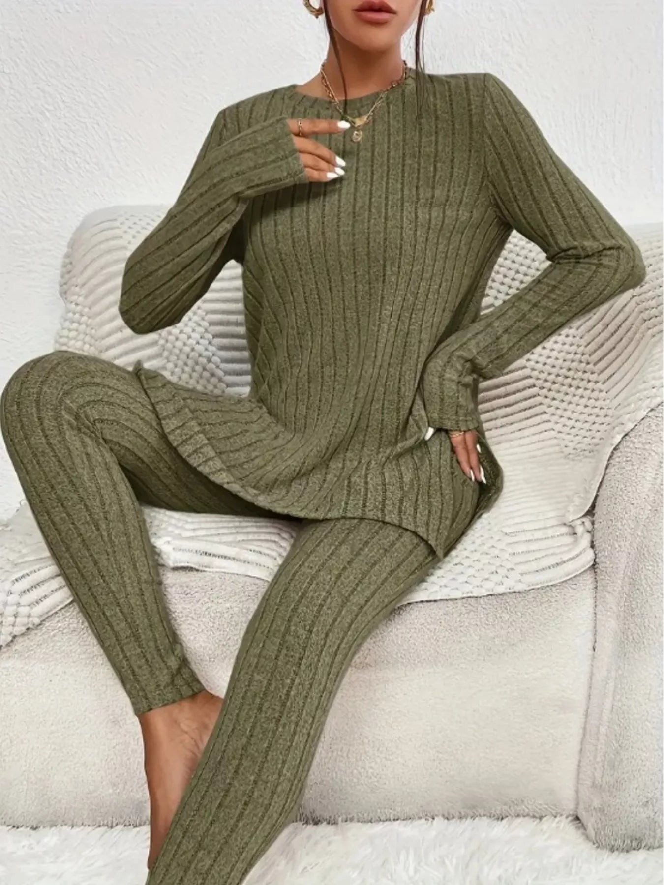 Side Slit Ribbed Top and Pants Set