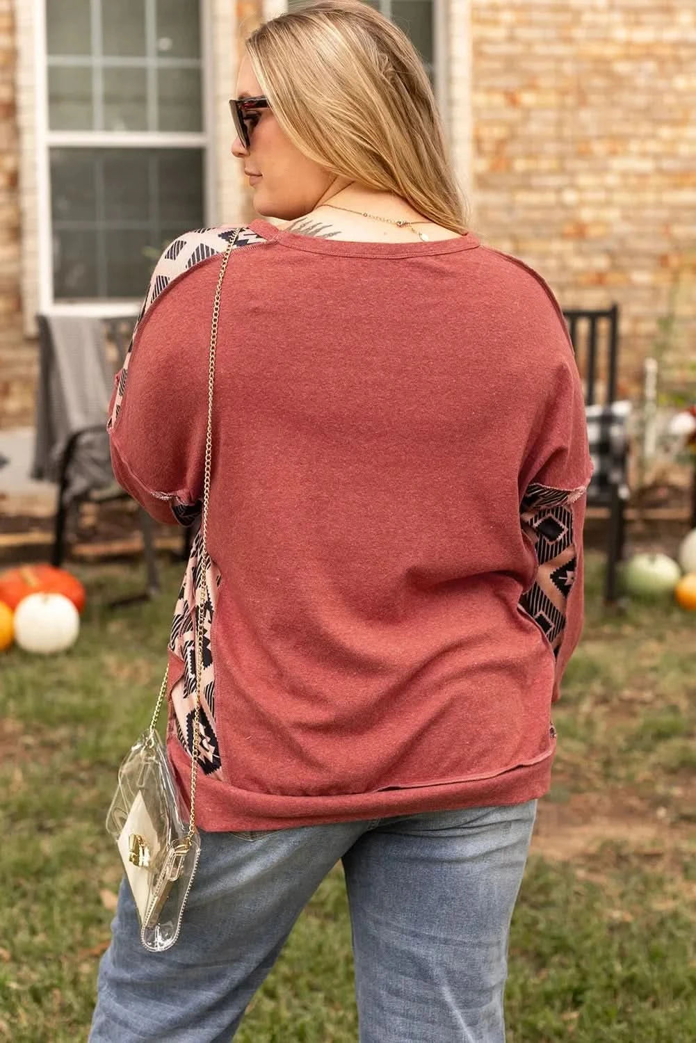 Plus Size Geometric Round Neck Long Sleeve Sweatshirt - Love Salve