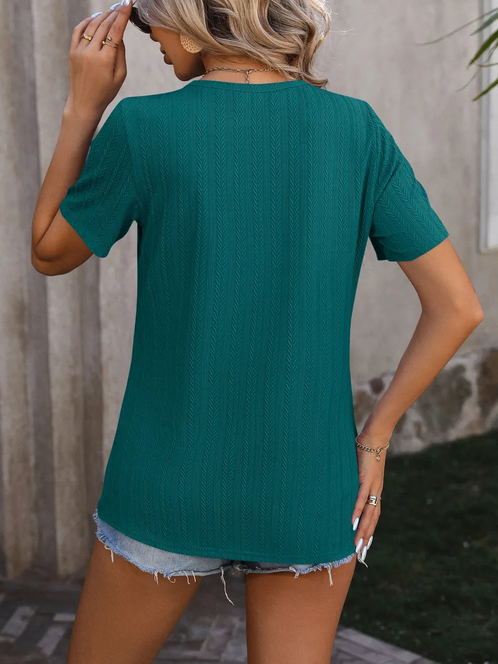 Mandy Decorative Button Round Neck Short Sleeve Blouse