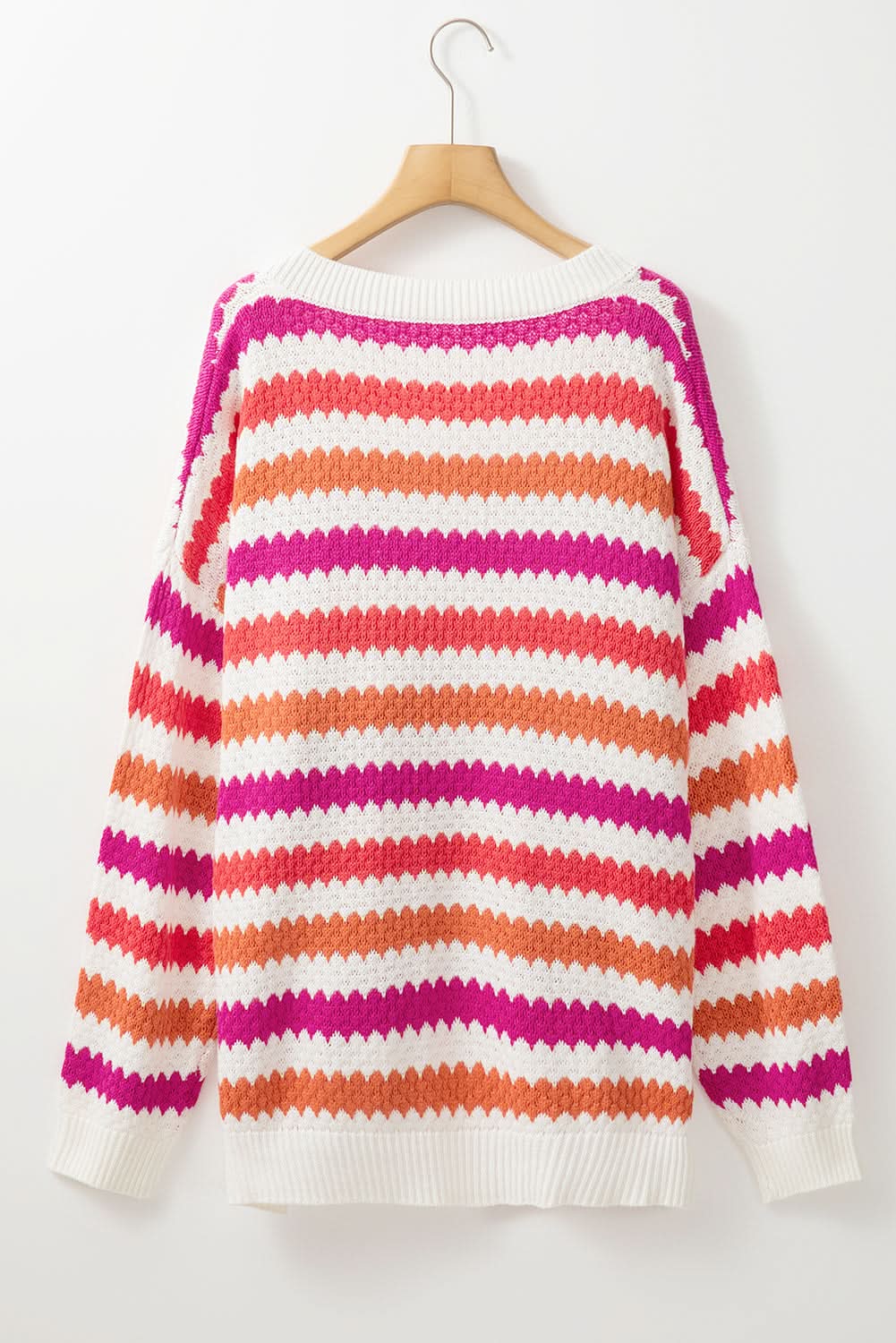 Pink Stripe V Neck Drop Shoulder Plus Size Sweater - Love Salve