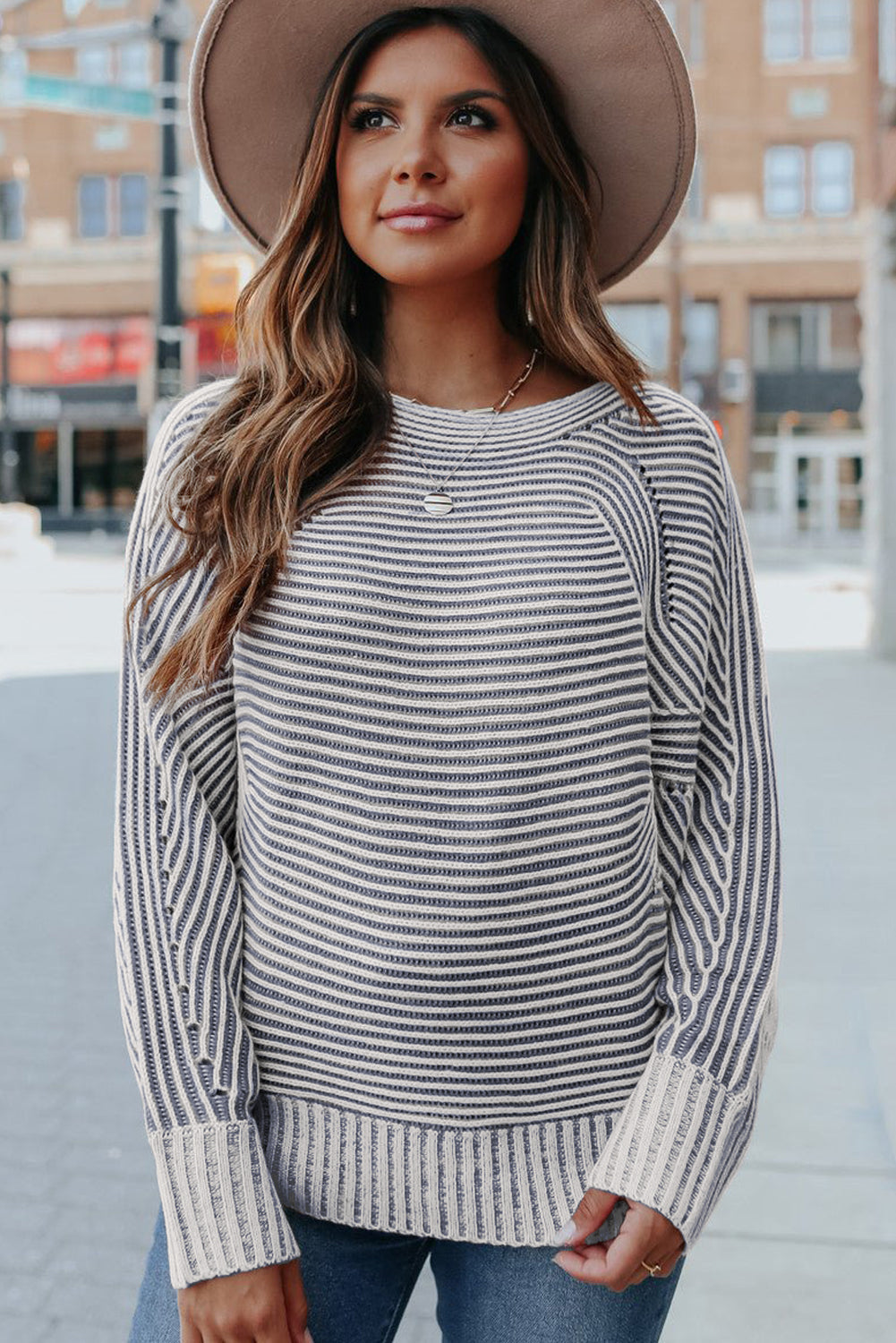 Ashleigh Blue Striped Ribbed Knit Baggy Boat Neck Sweater