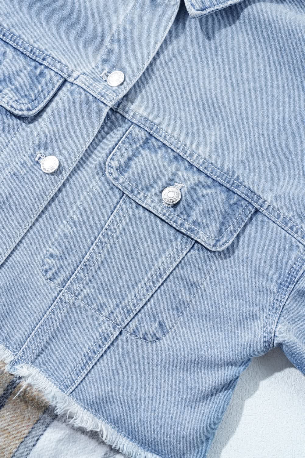 Khaki Plaid Patchwork Buttoned Oversized Denim Jacket - Love Salve