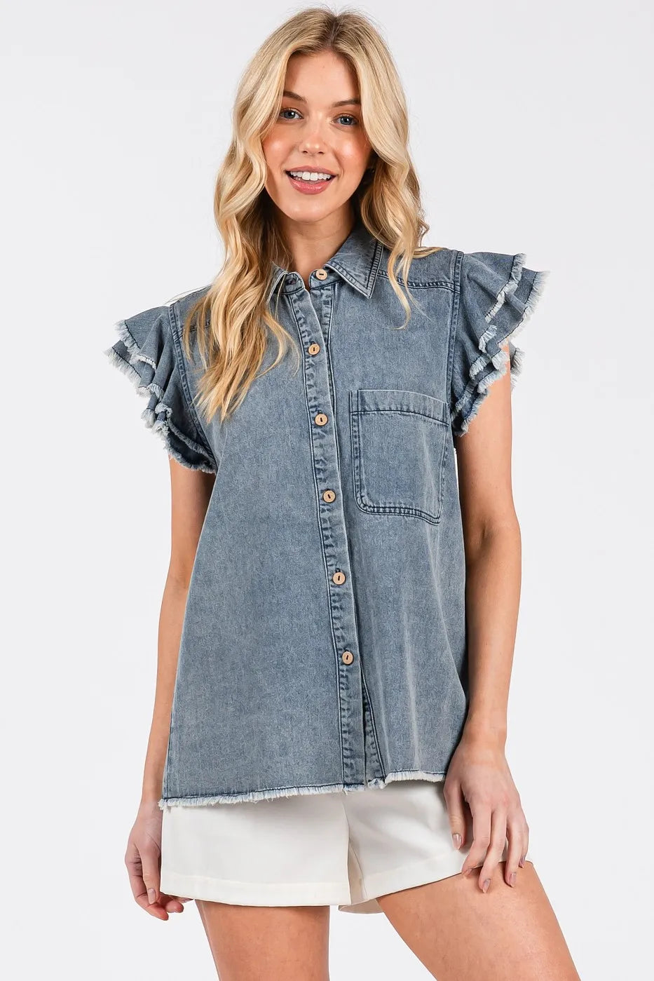 Mittoshop Washed Denim Ruffle Short Sleeve Collared Shirt - Love Salve