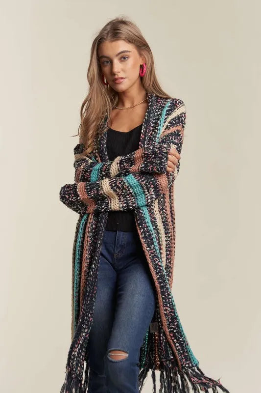 ADORA Multi Colour Sweater Long Cardigan with Fringes - Love Salve