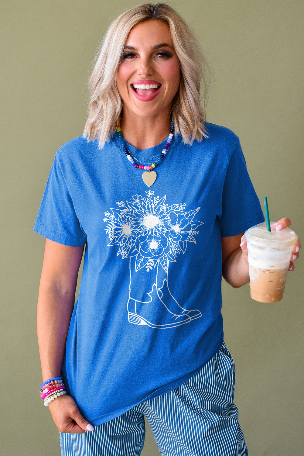 Blue Sunflower Boots Graphic Western Fashion T Shirt for Women