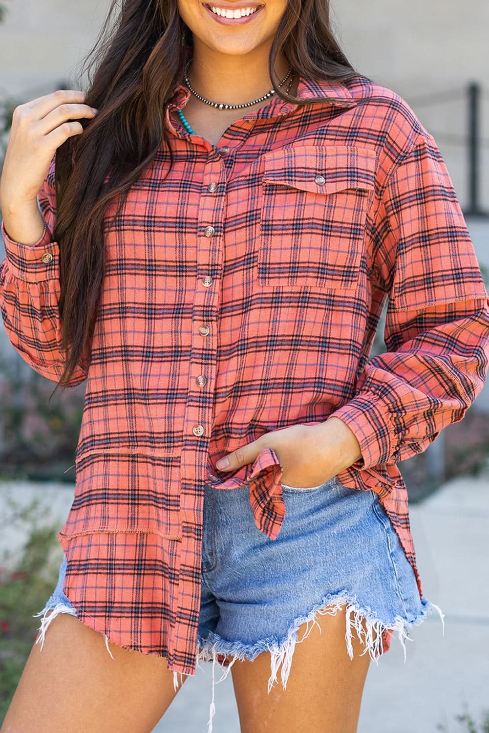 Red Plaid Long Sleeeve Side Split Distressed Hem Shirt - Love Salve