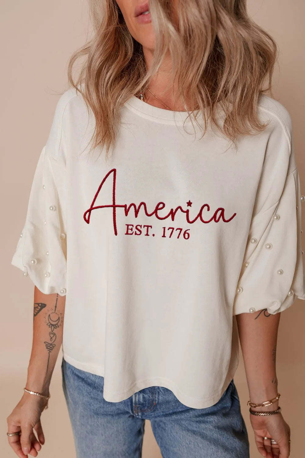 AMERICA EST 1776 Embroidered Pearl Beaded Sleeve T Shirt - Product image 5 by Simply Love