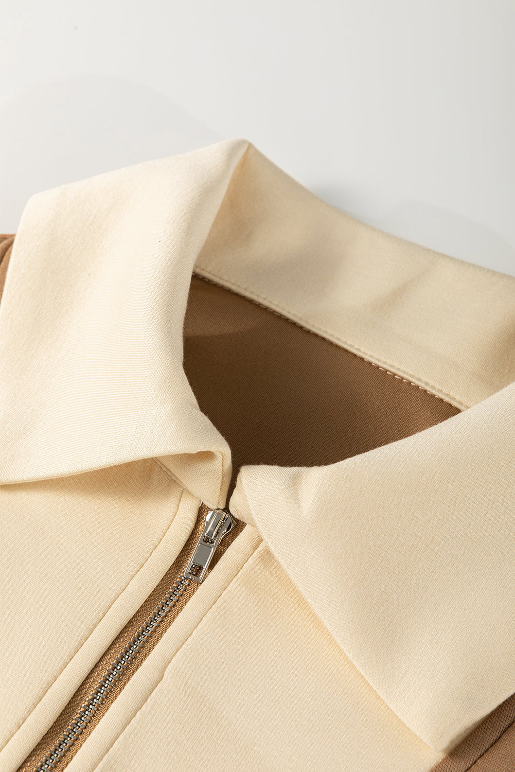 Simply Taupe Half Zipper Collared Colorblock Top